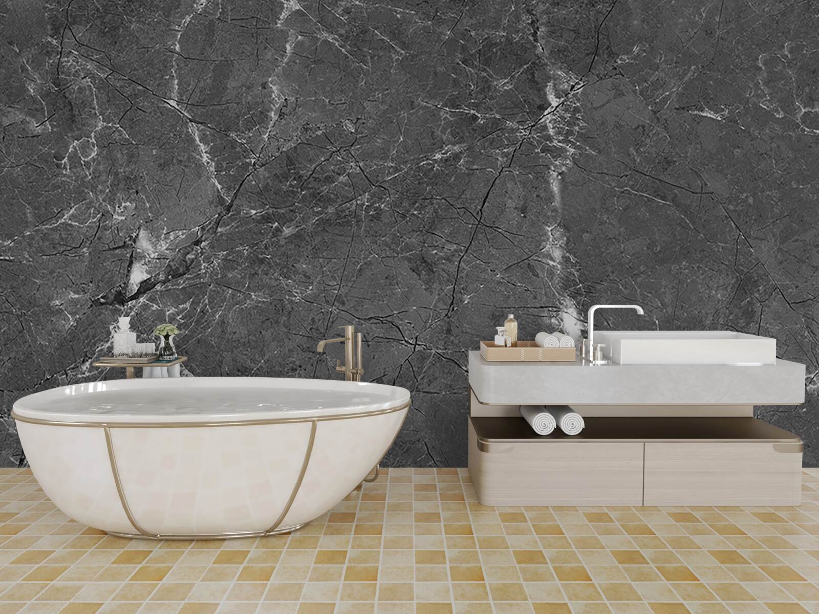 Fototapet curbe albe pe marmură gri