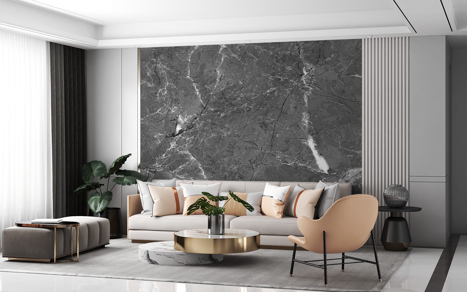 Fototapet curbe albe pe marmură gri