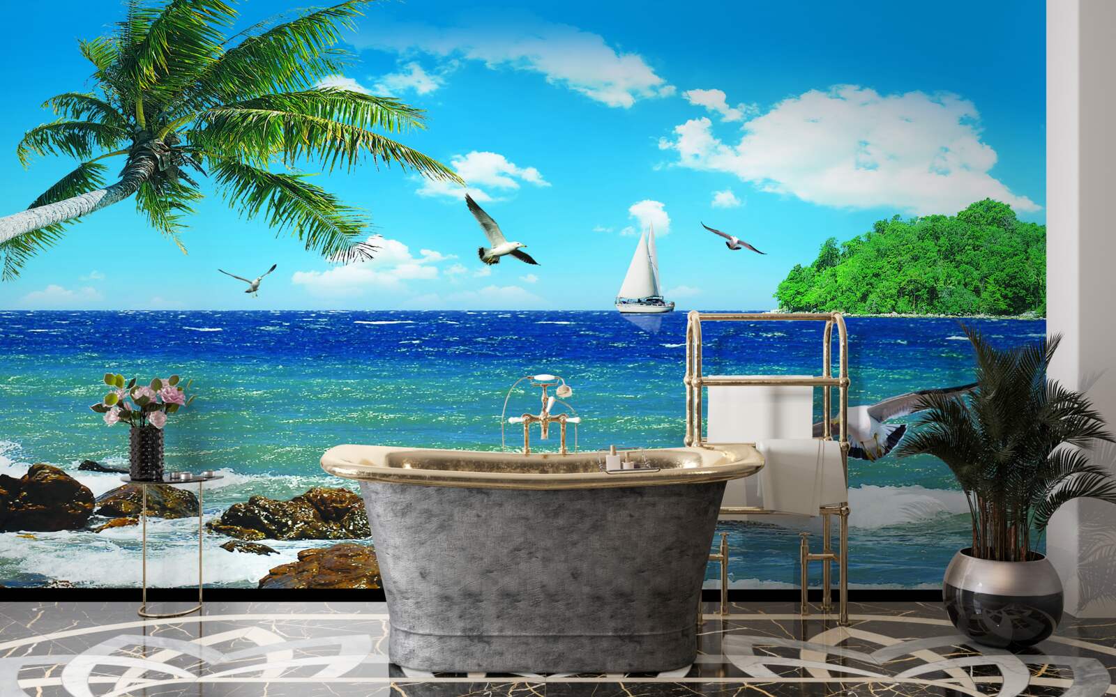 Fototapet marea agitată și păsările de mare