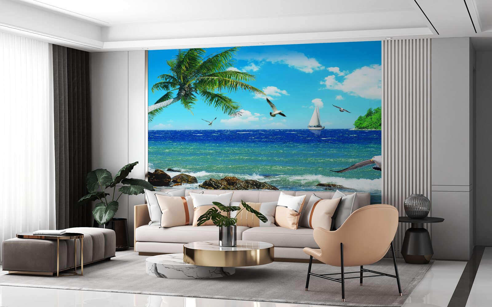 Fototapet marea agitată și păsările de mare