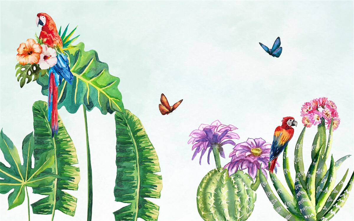 Fototapet papagali colorați și fluturi apar printre verdeață