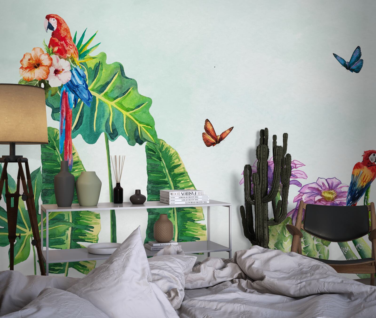 Fototapet papagali colorați și fluturi apar printre verdeață