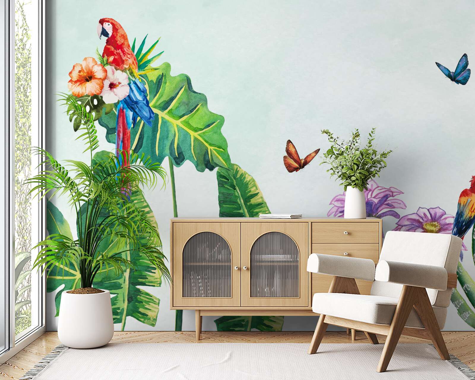 Fototapet papagali colorați și fluturi apar printre verdeață