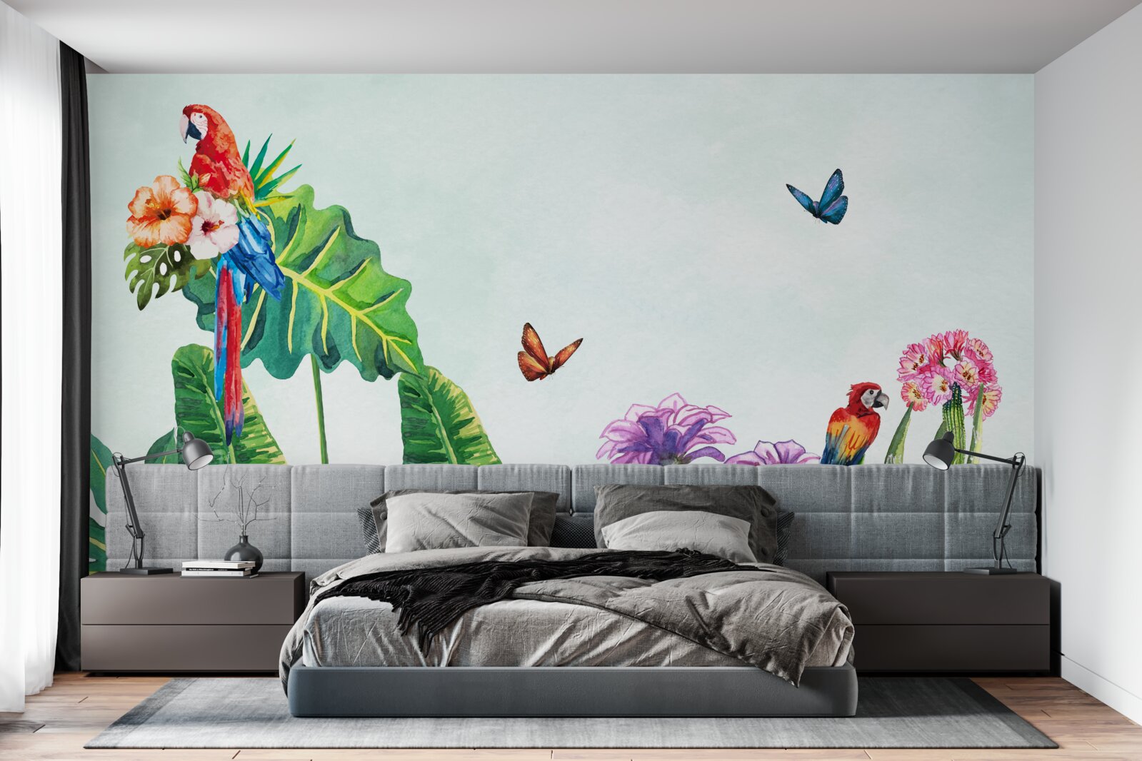 Fototapet papagali colorați și fluturi apar printre verdeață
