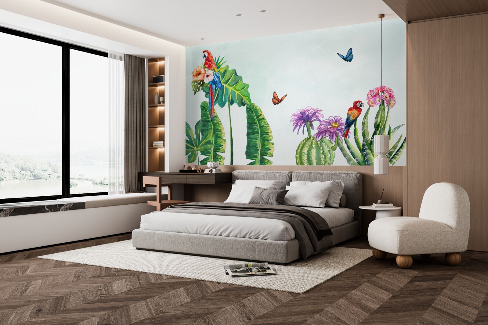 Fototapet papagali colorați și fluturi apar printre verdeață