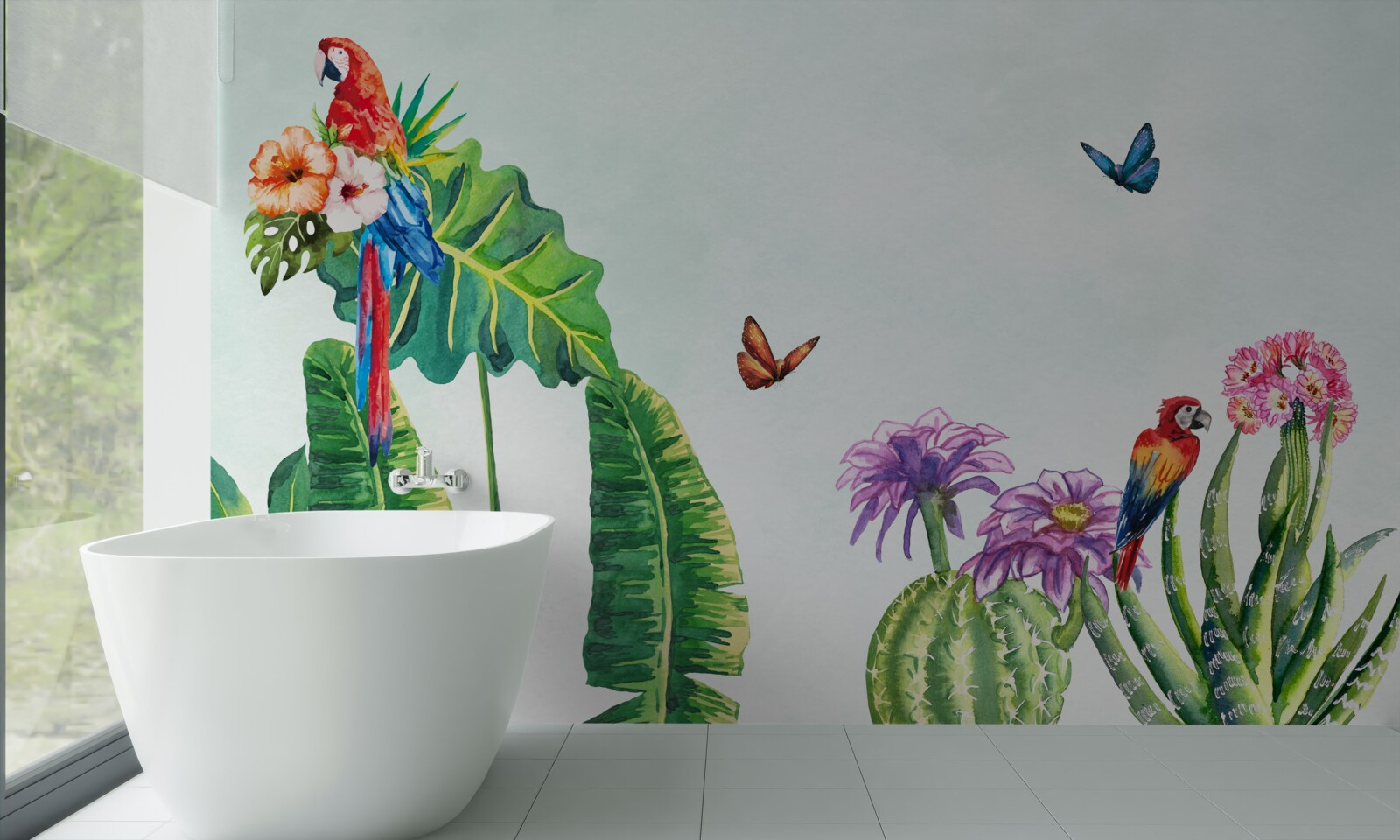 Fototapet papagali colorați și fluturi apar printre verdeață
