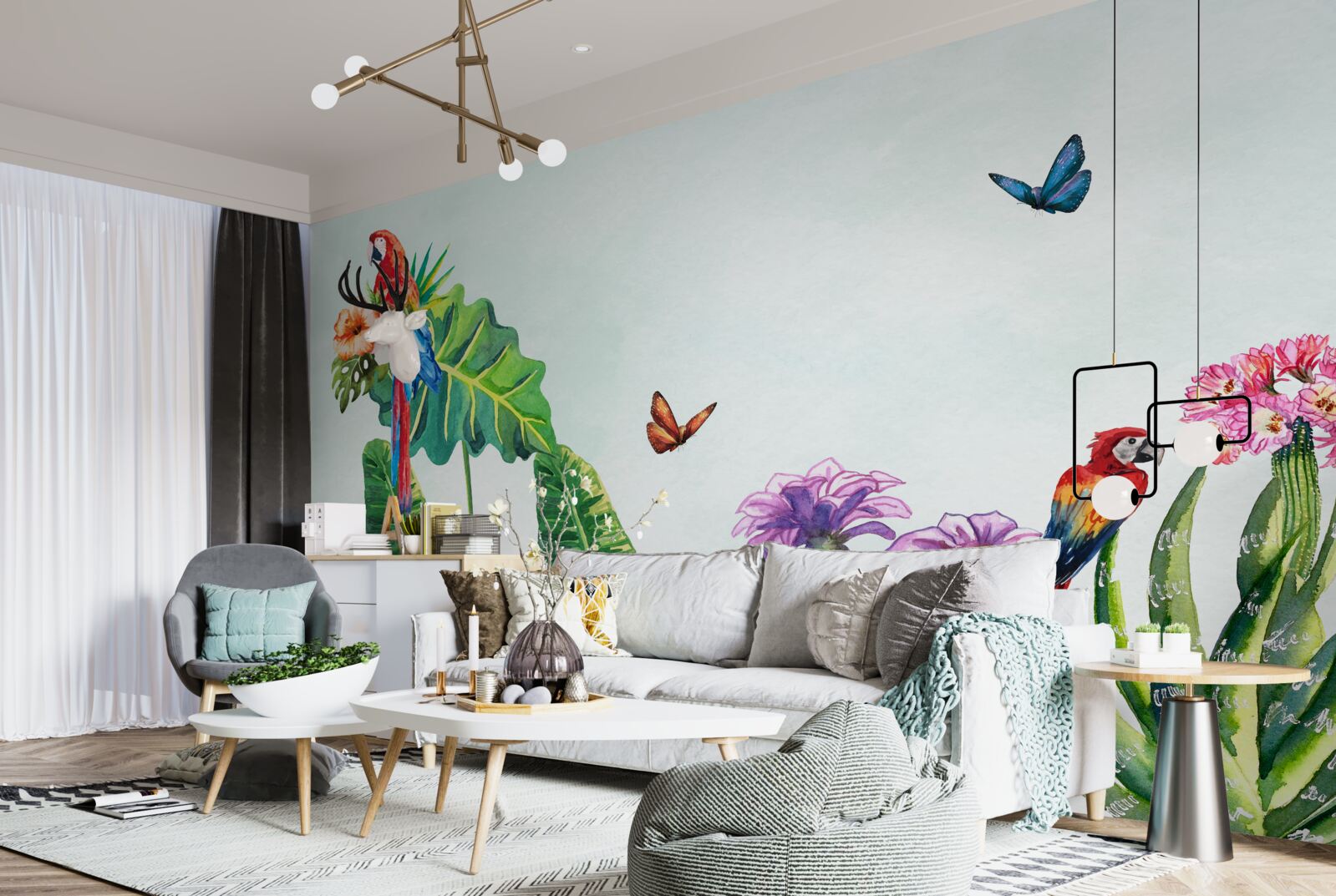 Fototapet papagali colorați și fluturi apar printre verdeață