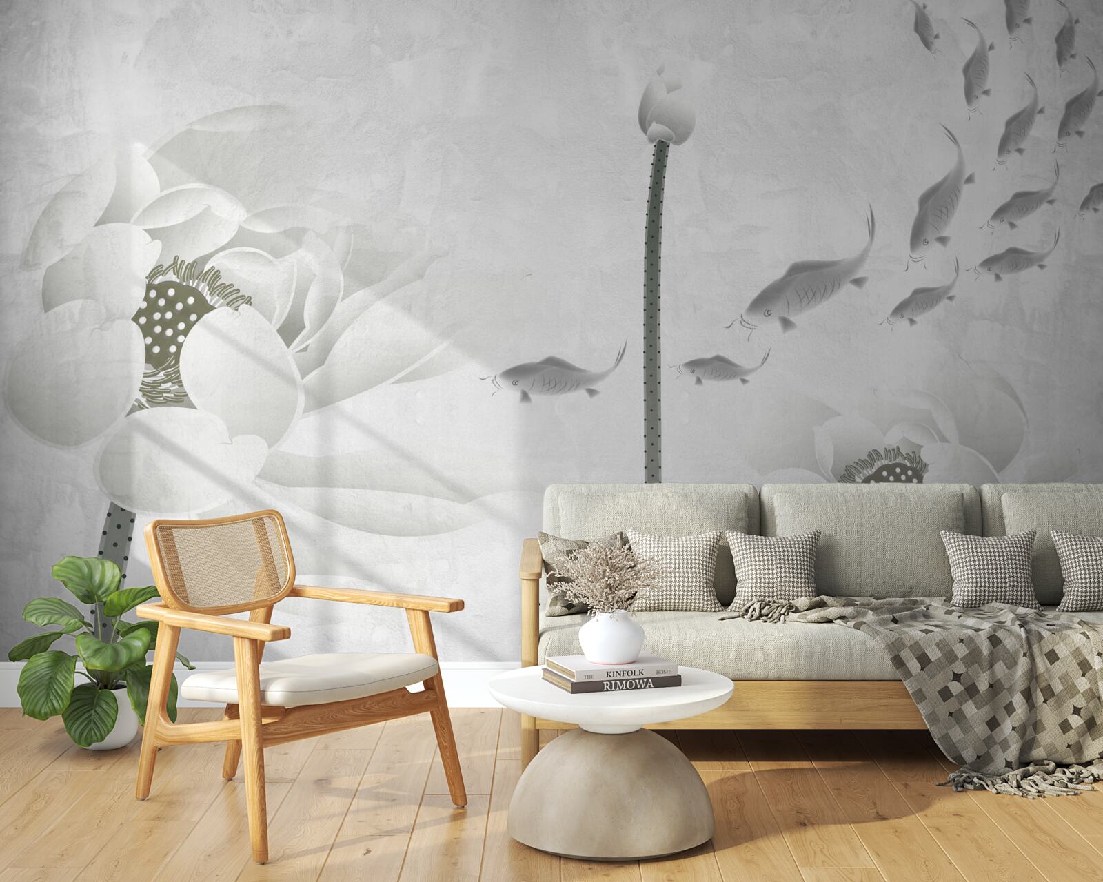 Fototapet florile albe privesc cum peștii înoată pe lângă ele