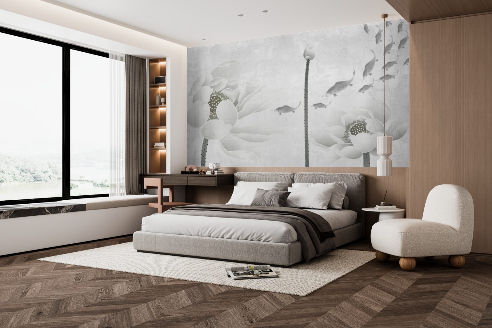 Fototapet florile albe privesc cum peștii înoată pe lângă ele