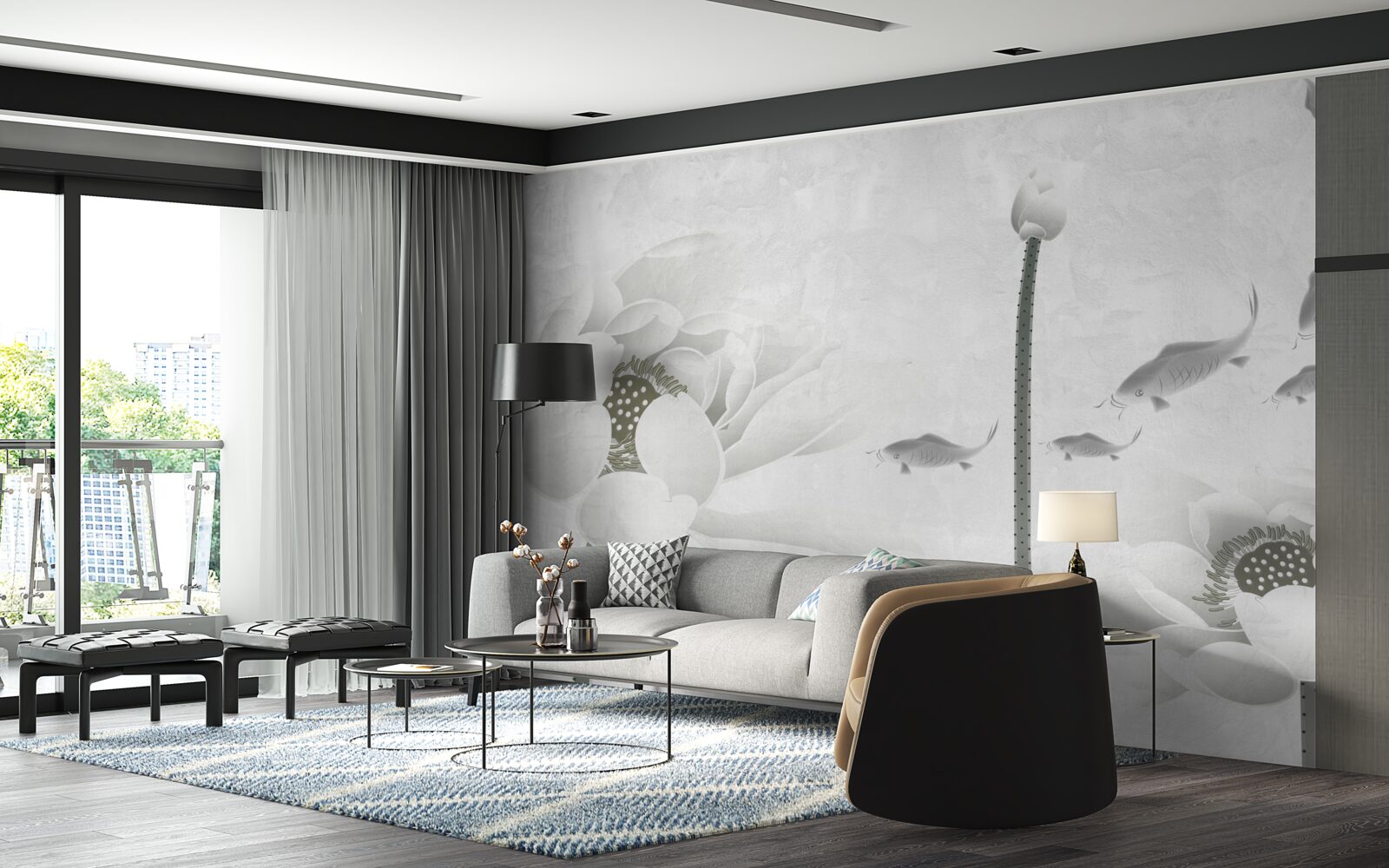 Fototapet florile albe privesc cum peștii înoată pe lângă ele