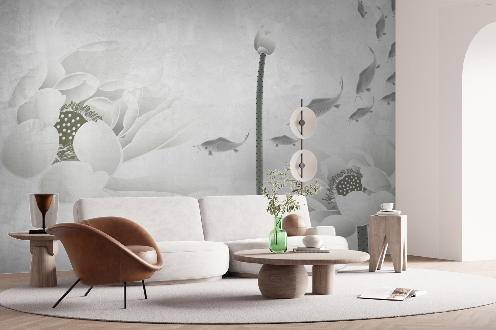 Fototapet florile albe privesc cum peștii înoată pe lângă ele