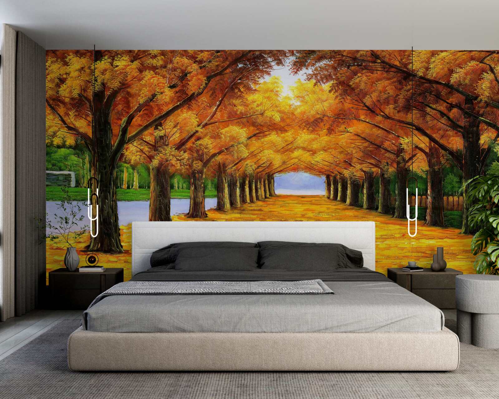 Fototapet perioadă de toamnă într-un parc cu copaci acoperiți de frunze