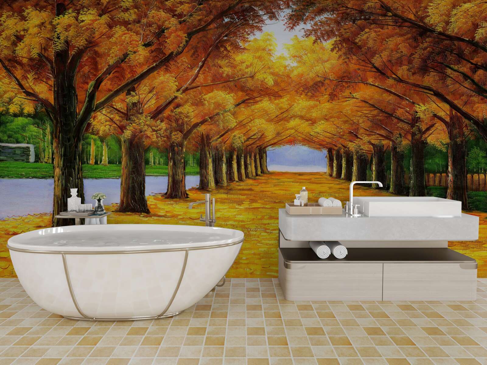 Fototapet perioadă de toamnă într-un parc cu copaci acoperiți de frunze