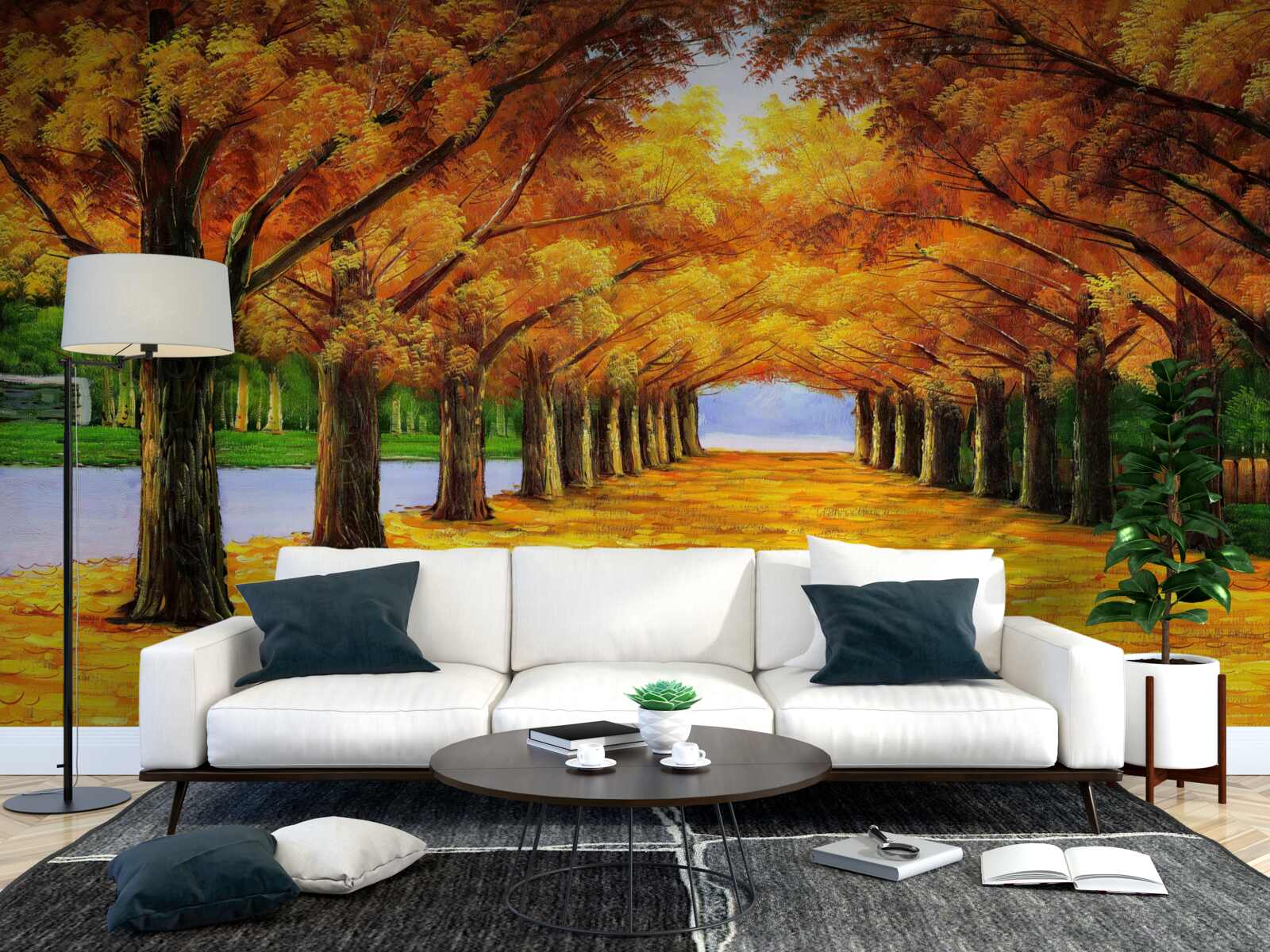 Fototapet perioadă de toamnă într-un parc cu copaci acoperiți de frunze