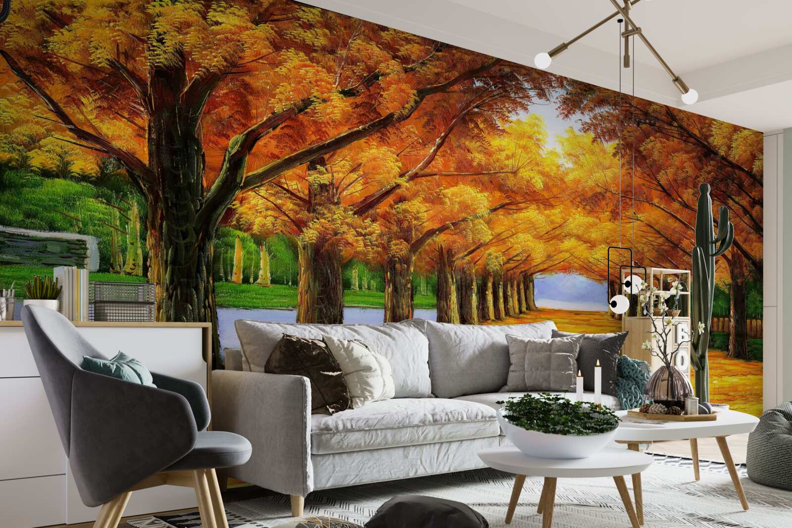 Fototapet perioadă de toamnă într-un parc cu copaci acoperiți de frunze