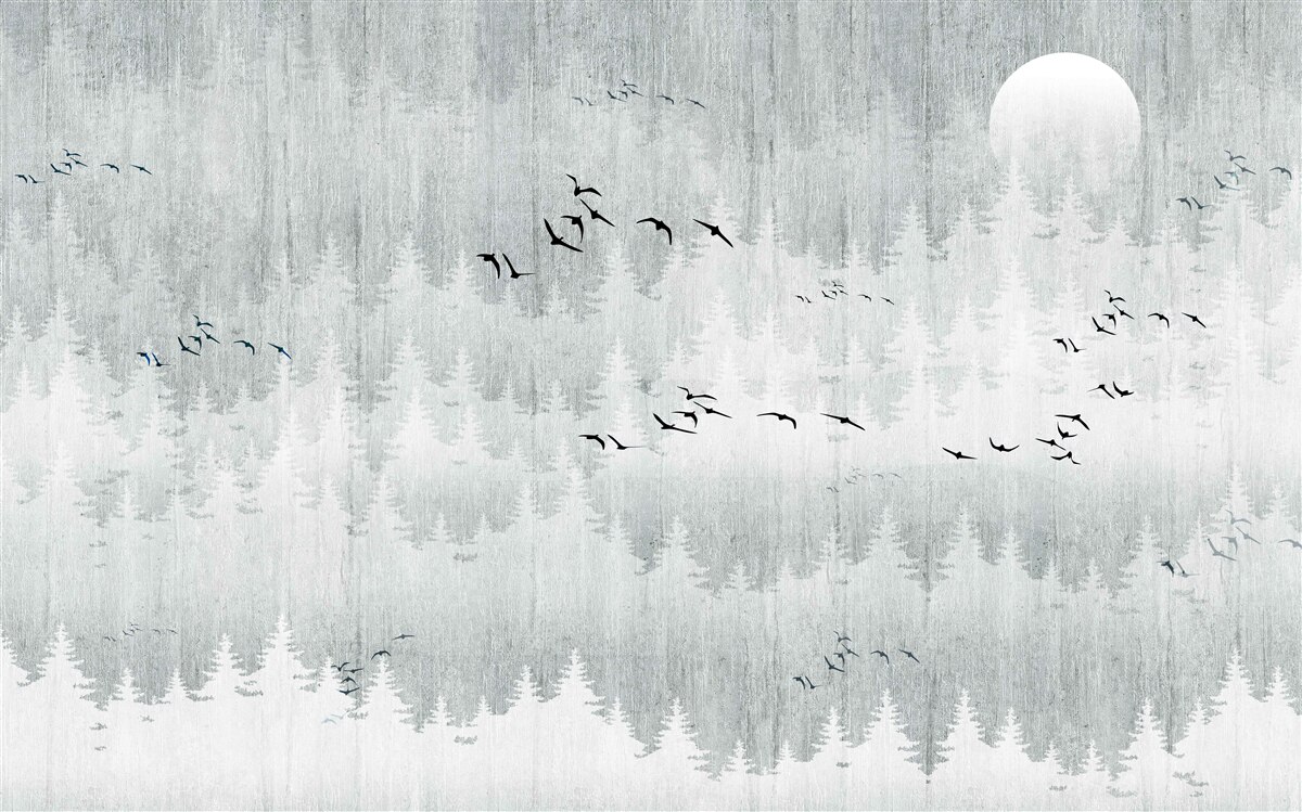 Fototapet păsările zboară deasupra unei păduri acoperite de ceață