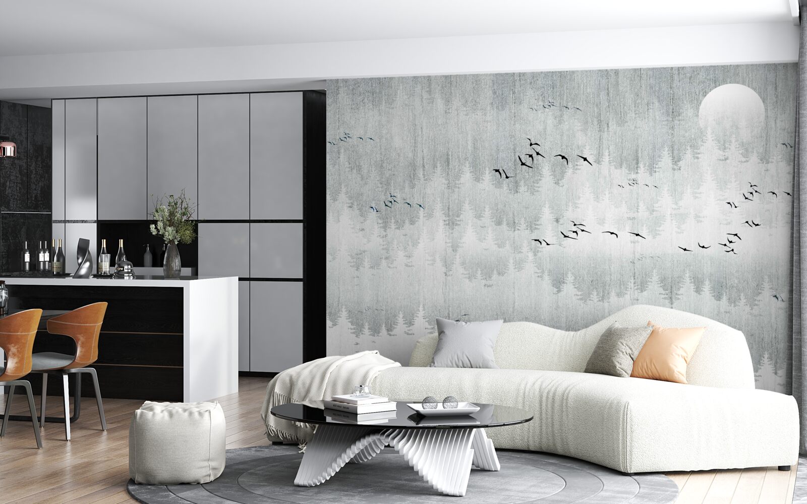 Fototapet păsările zboară deasupra unei păduri acoperite de ceață