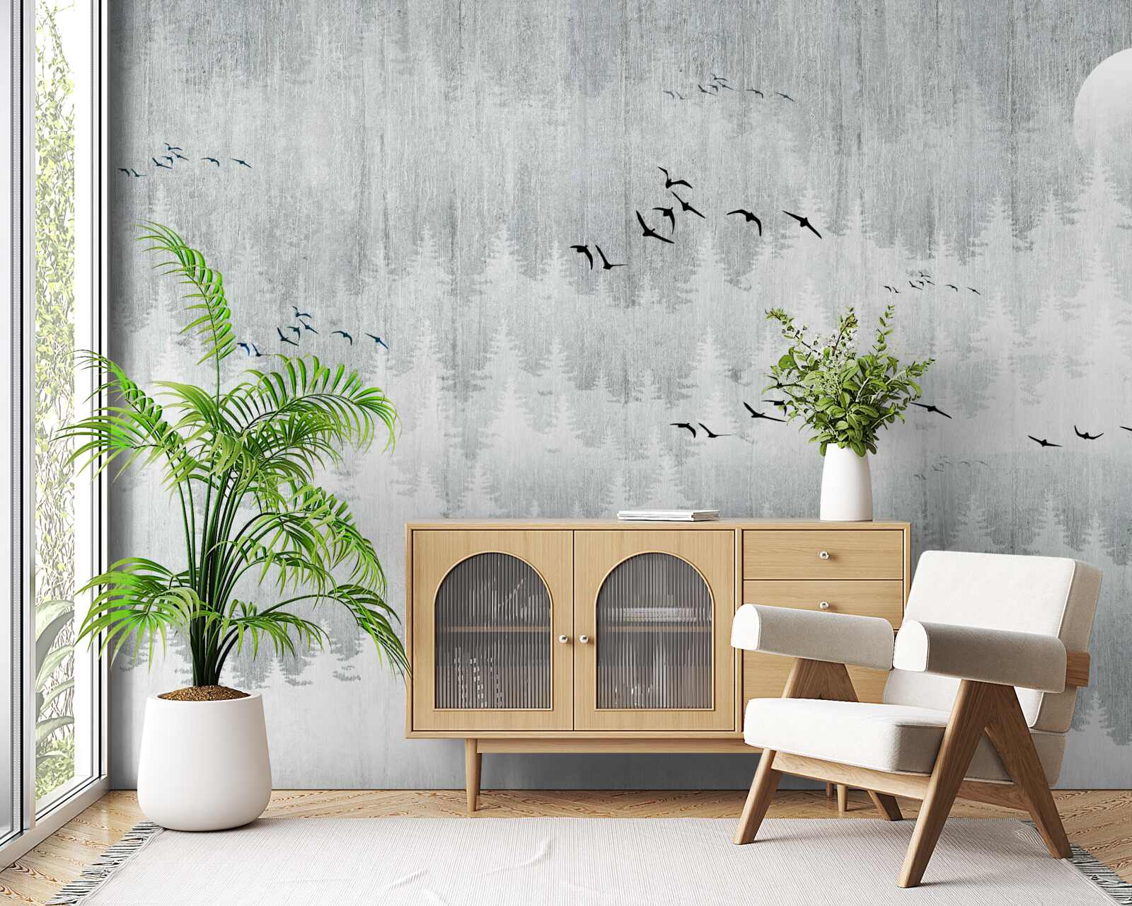 Fototapet păsările zboară deasupra unei păduri acoperite de ceață