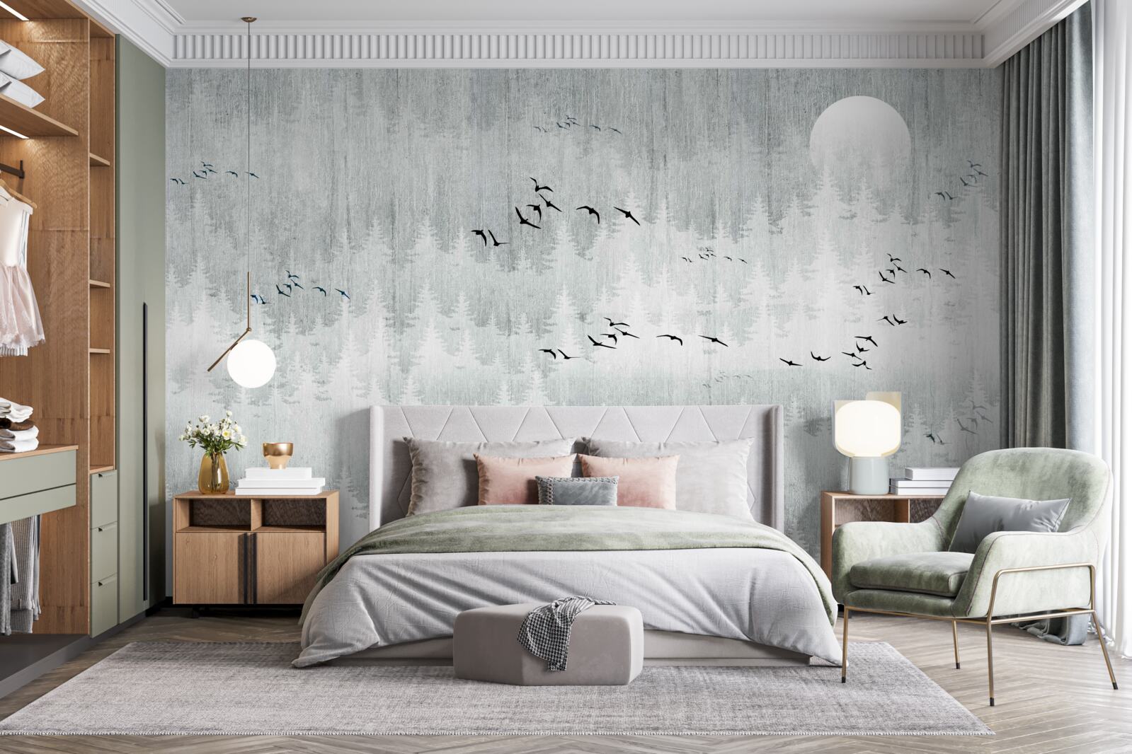 Fototapet păsările zboară deasupra unei păduri acoperite de ceață