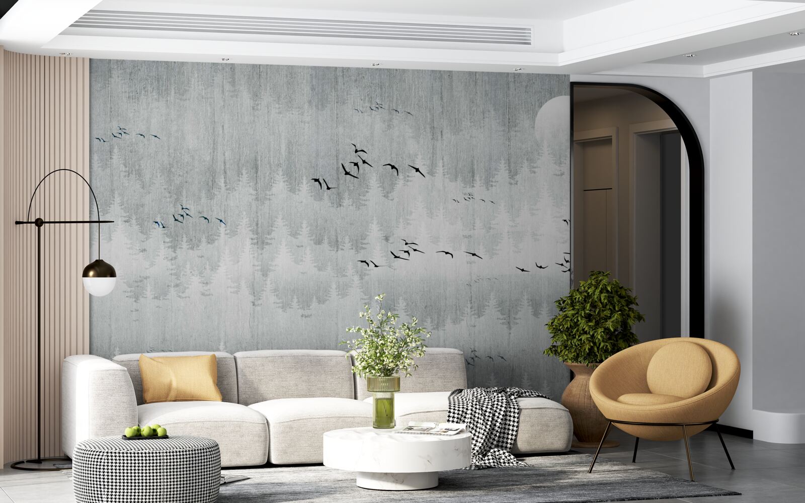 Fototapet păsările zboară deasupra unei păduri acoperite de ceață