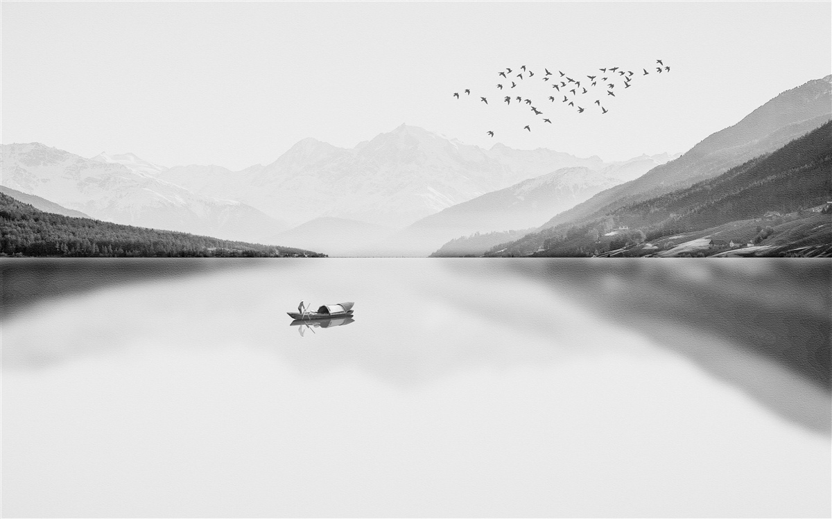 Fototapet pescar în centrul unui iaz liniștit