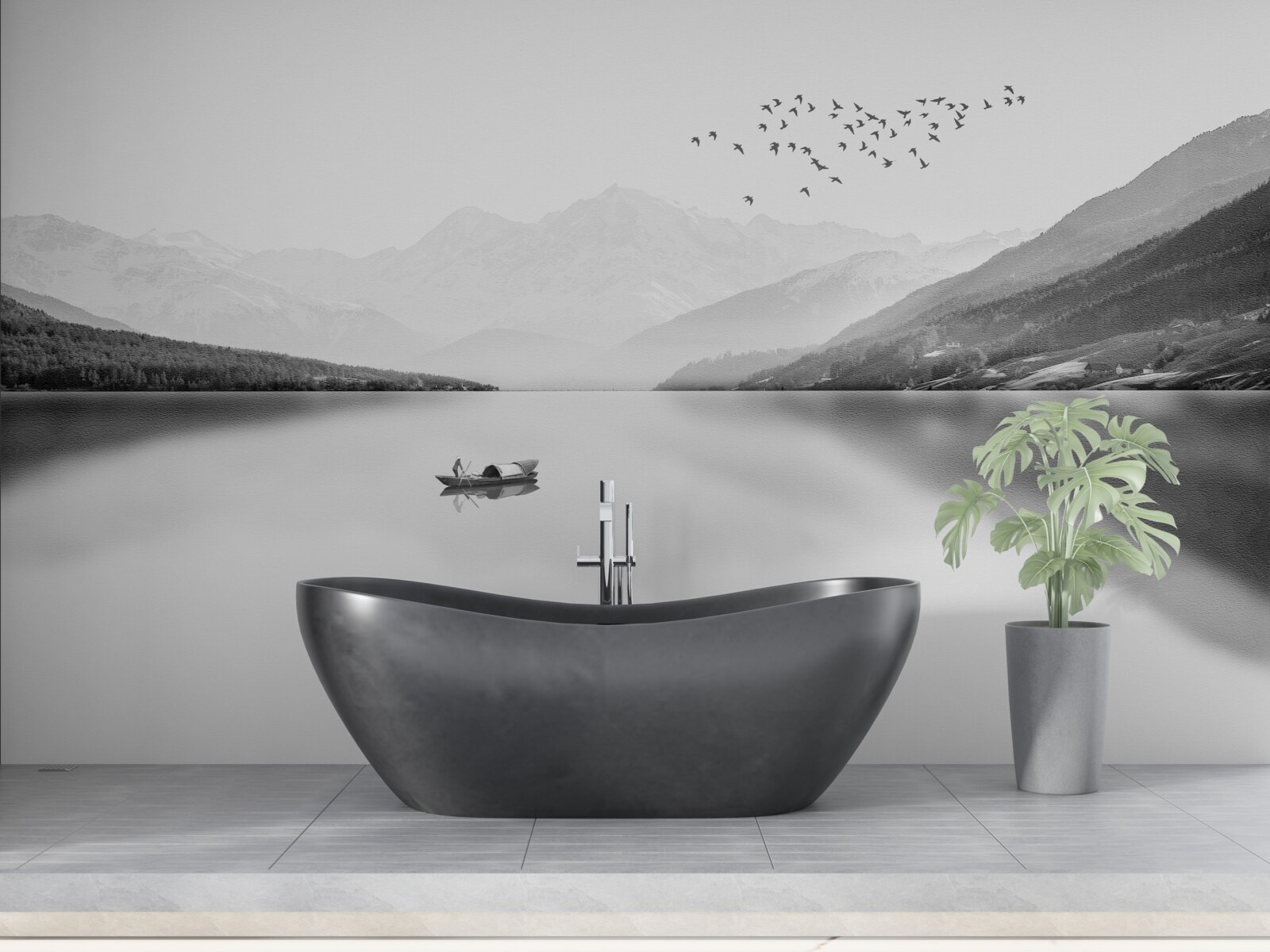 Fototapet pescar în centrul unui iaz liniștit