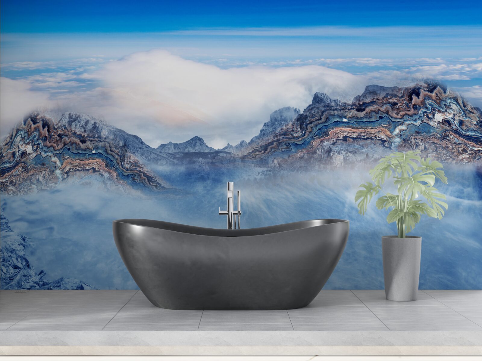 Fototapet vârfurile stâncoase sunt învăluite în ceață groasă