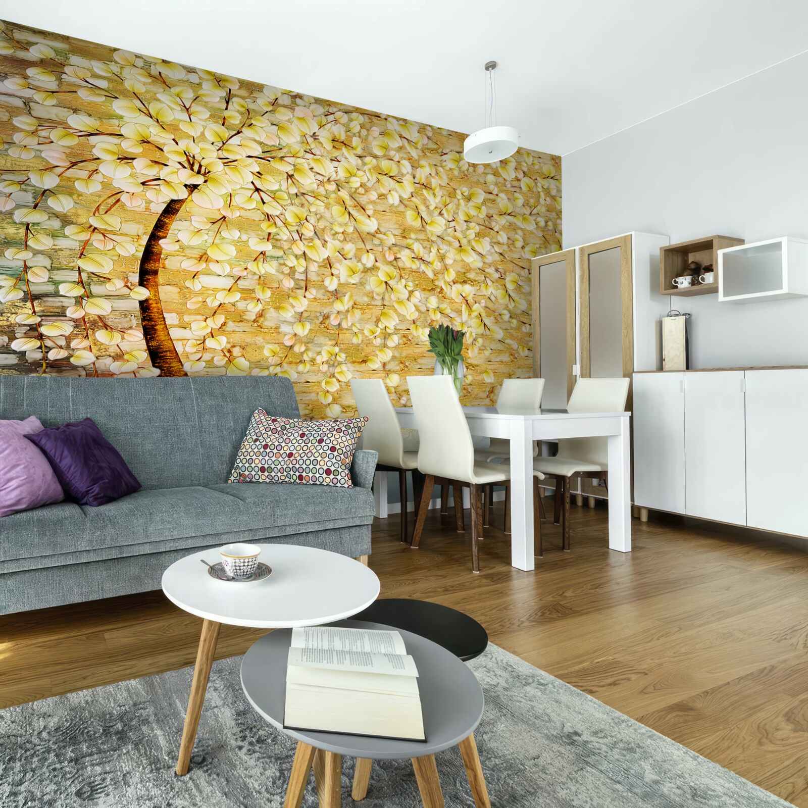 Fototapet copac presărat cu flori albe și galbene