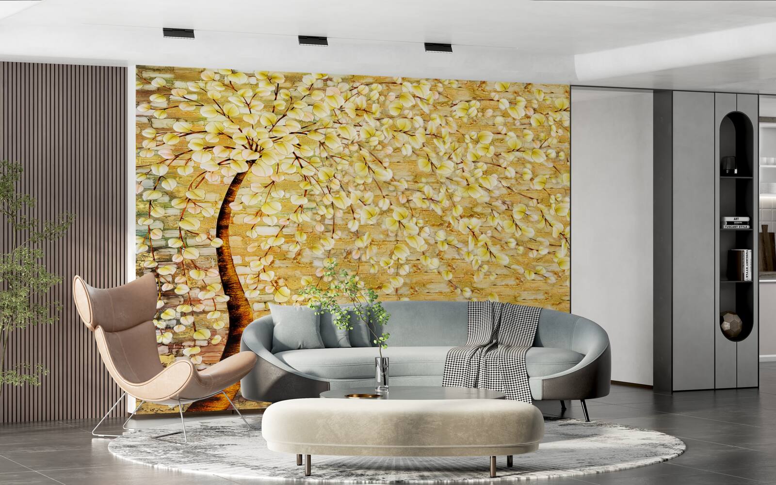 Fototapet copac presărat cu flori albe și galbene