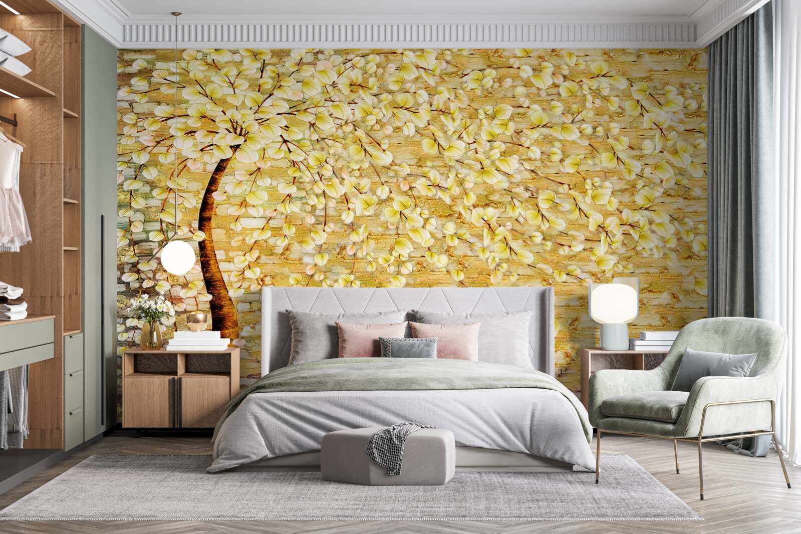 Fototapet copac presărat cu flori albe și galbene