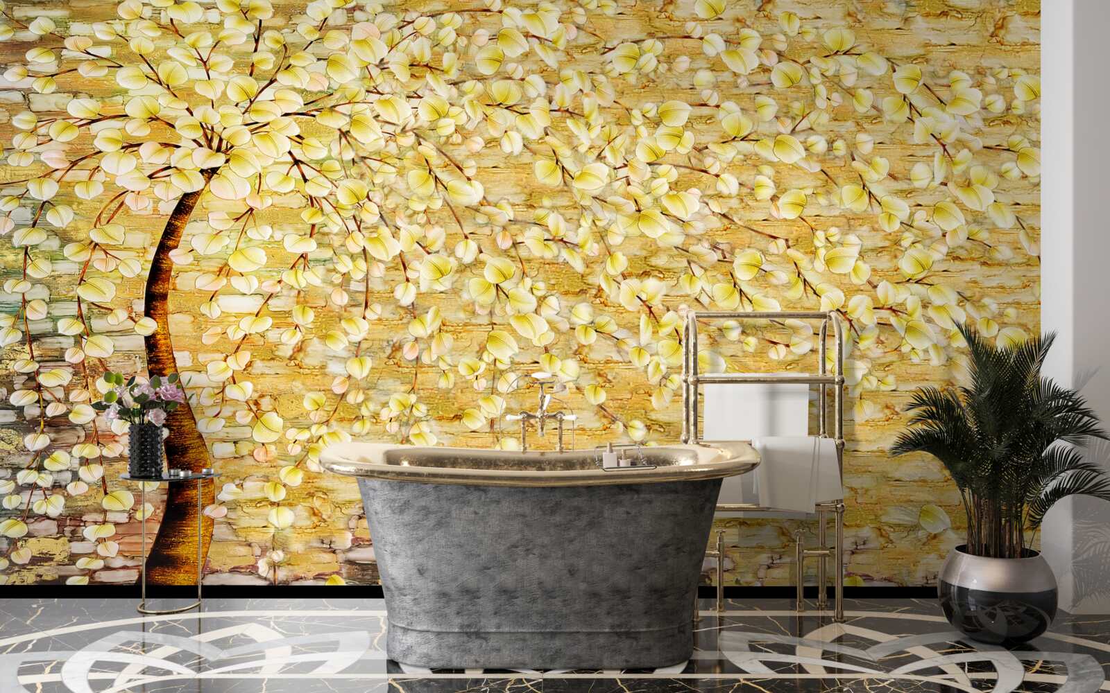 Fototapet copac presărat cu flori albe și galbene