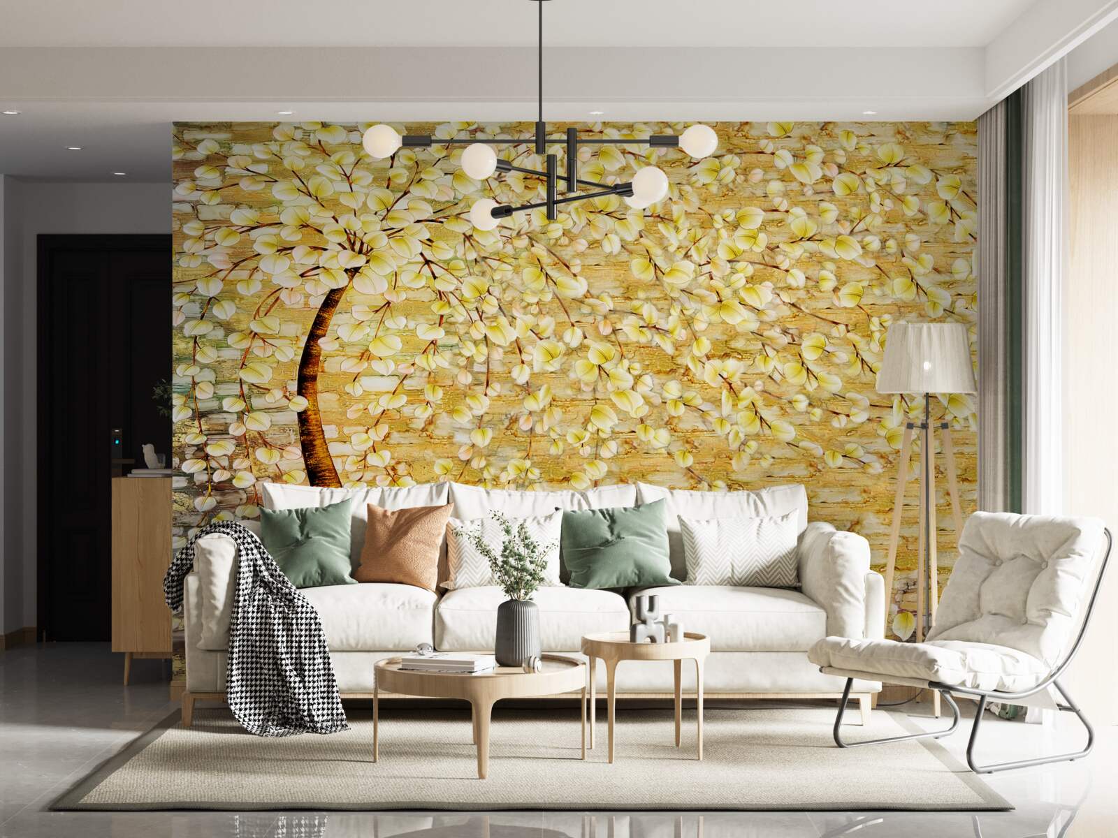 Fototapet copac presărat cu flori albe și galbene