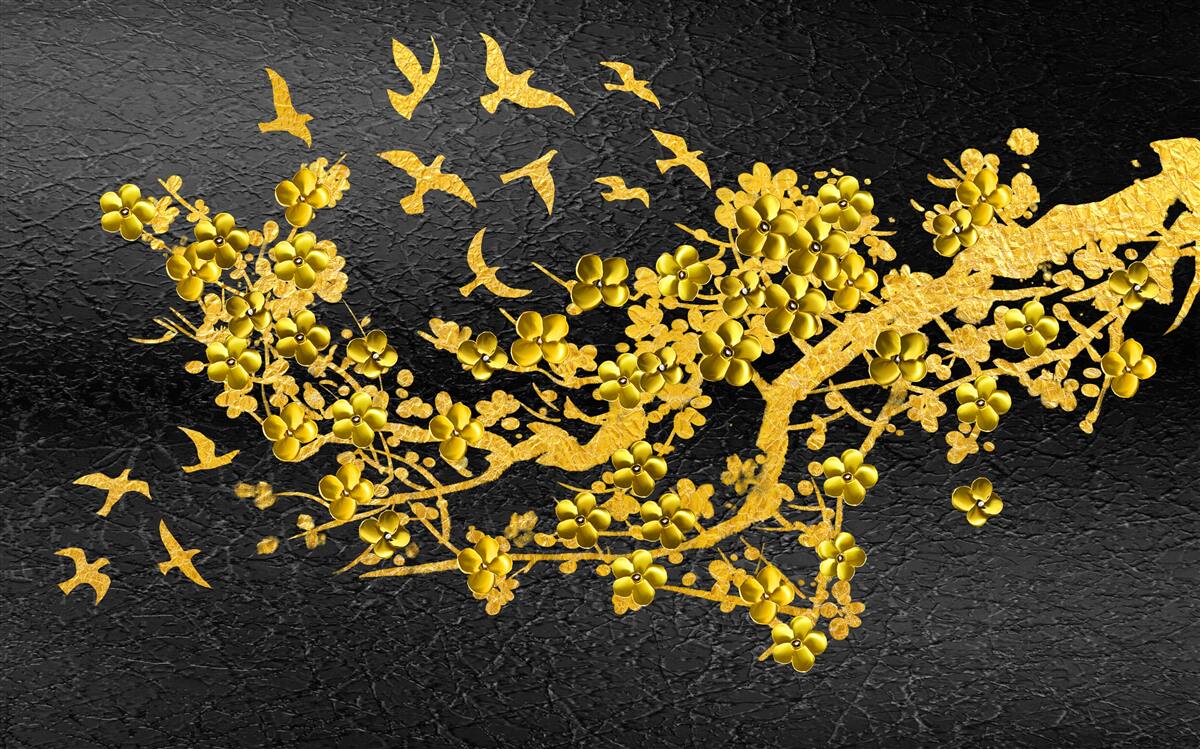 Fototapet flori mici galbene și păsări