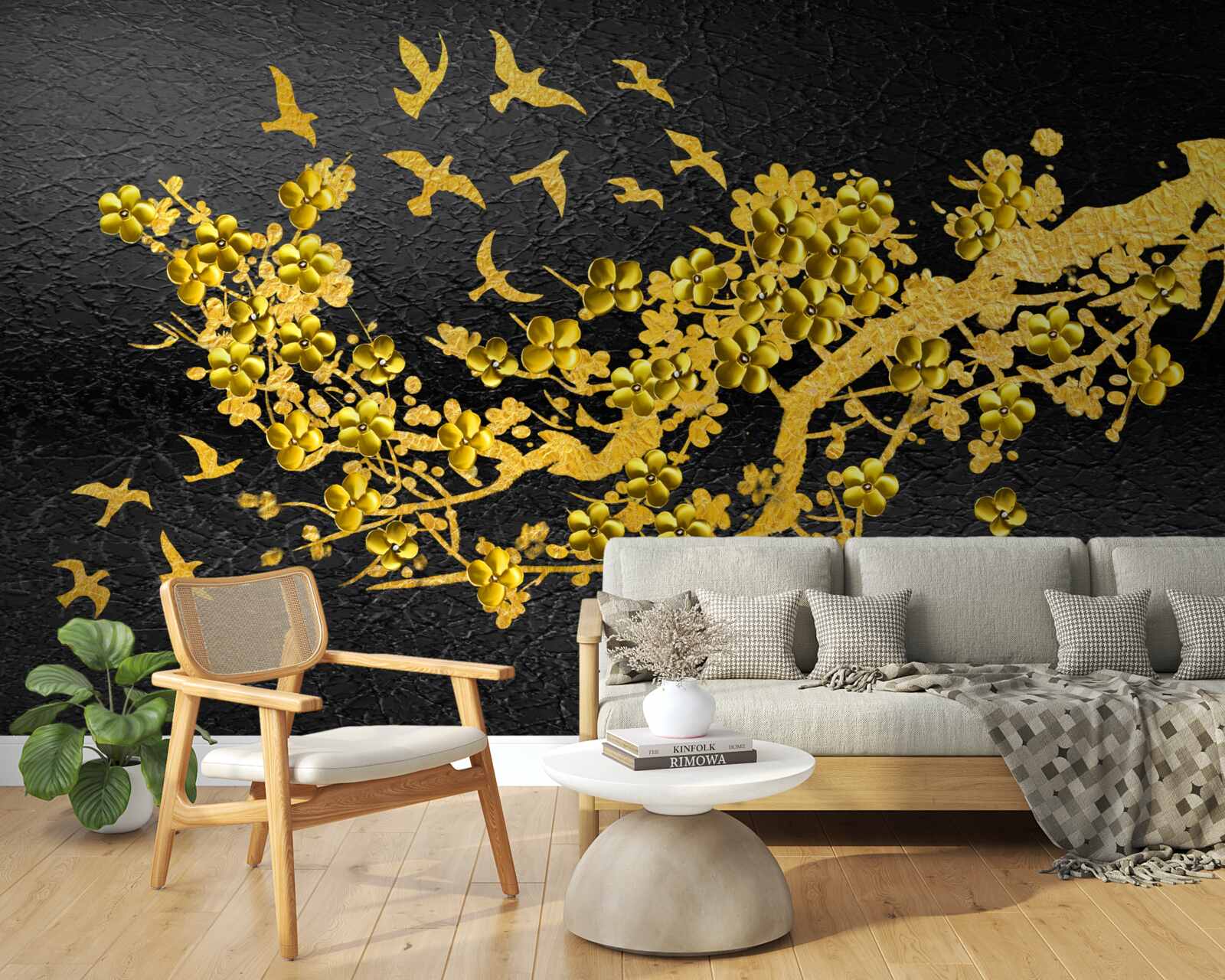 Fototapet flori mici galbene și păsări