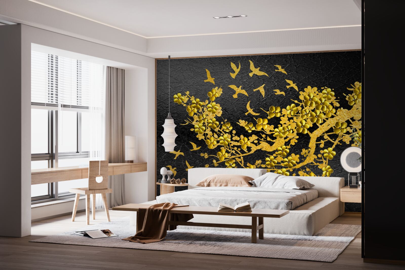 Fototapet flori mici galbene și păsări