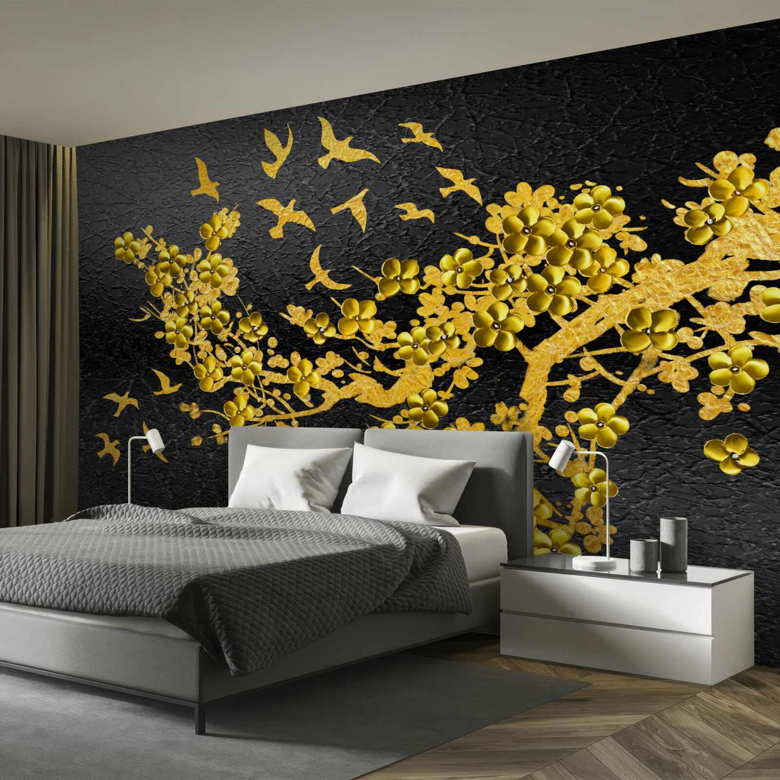 Fototapet flori mici galbene și păsări