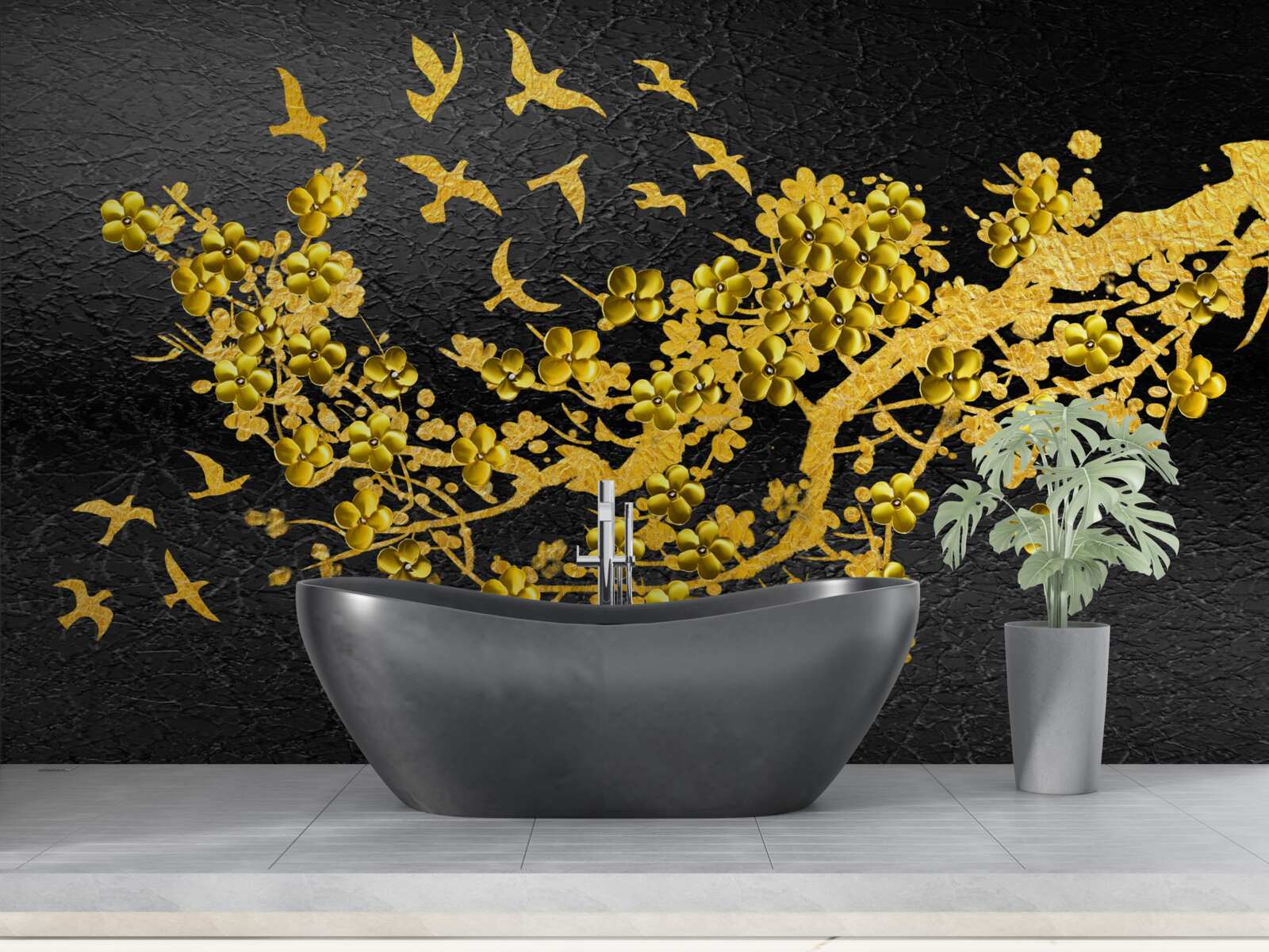 Fototapet flori mici galbene și păsări