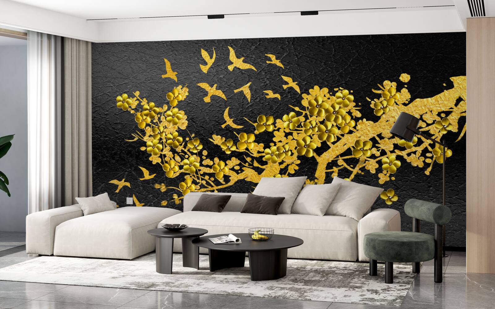 Fototapet flori mici galbene și păsări