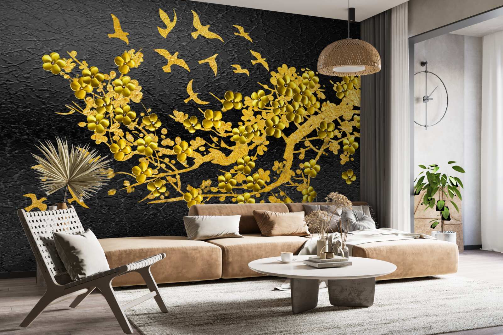 Fototapet flori mici galbene și păsări