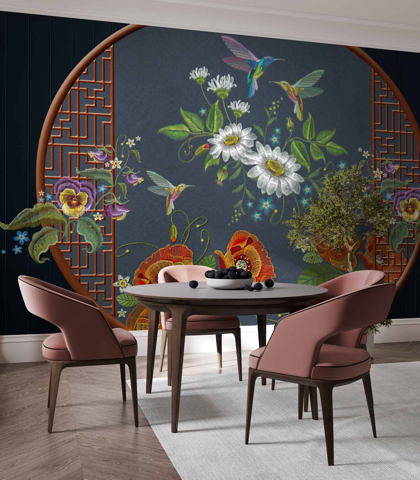 Fototapet panou cu flori și colibri