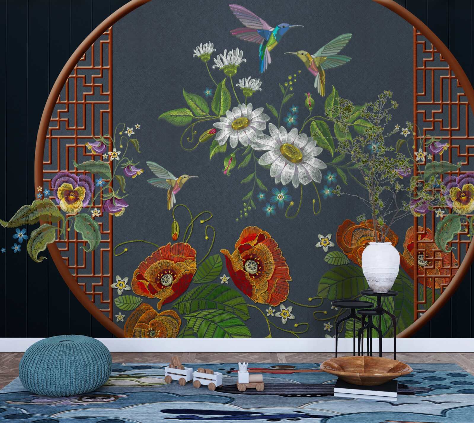 Fototapet panou cu flori și colibri