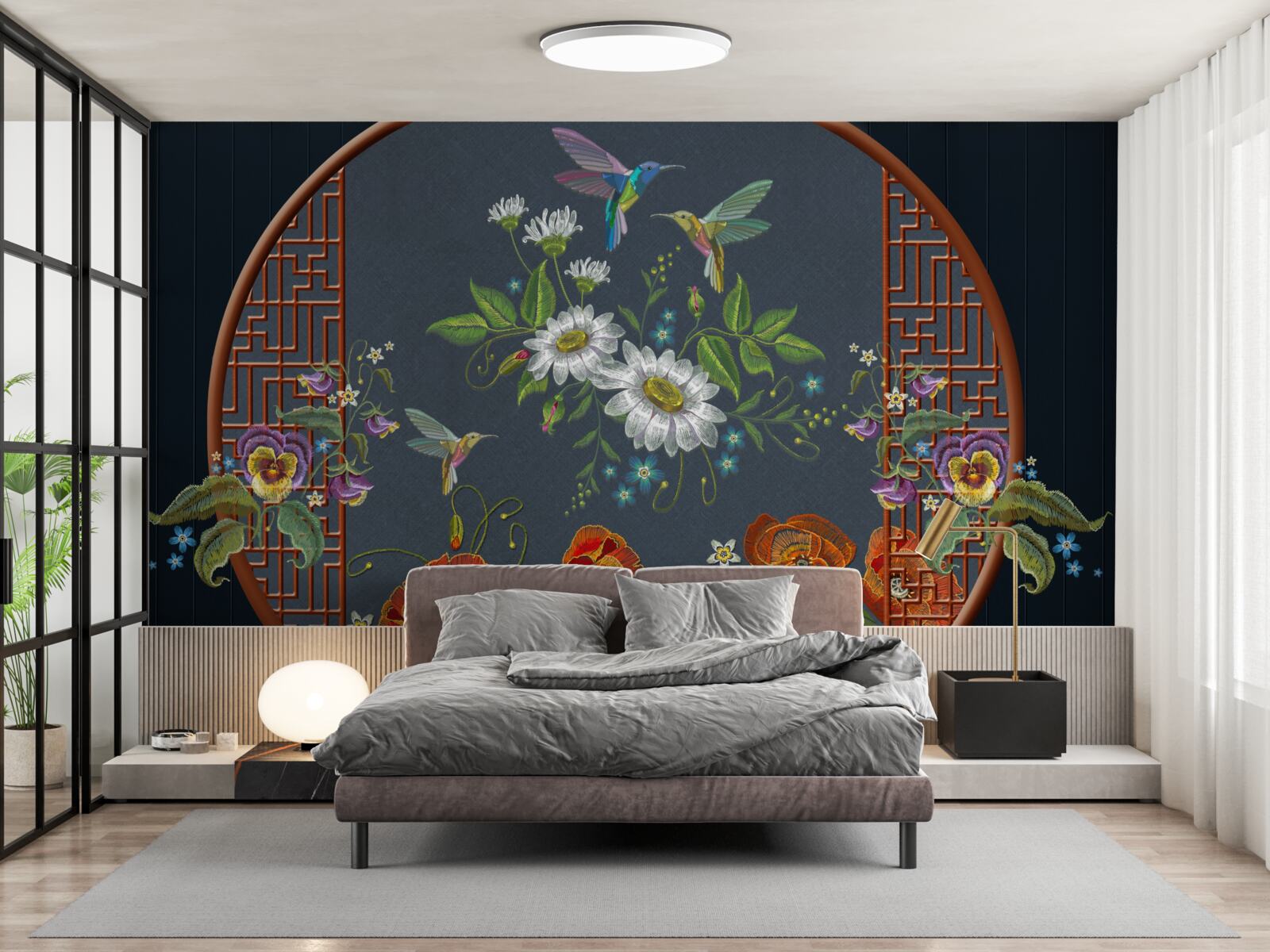 Fototapet panou cu flori și colibri