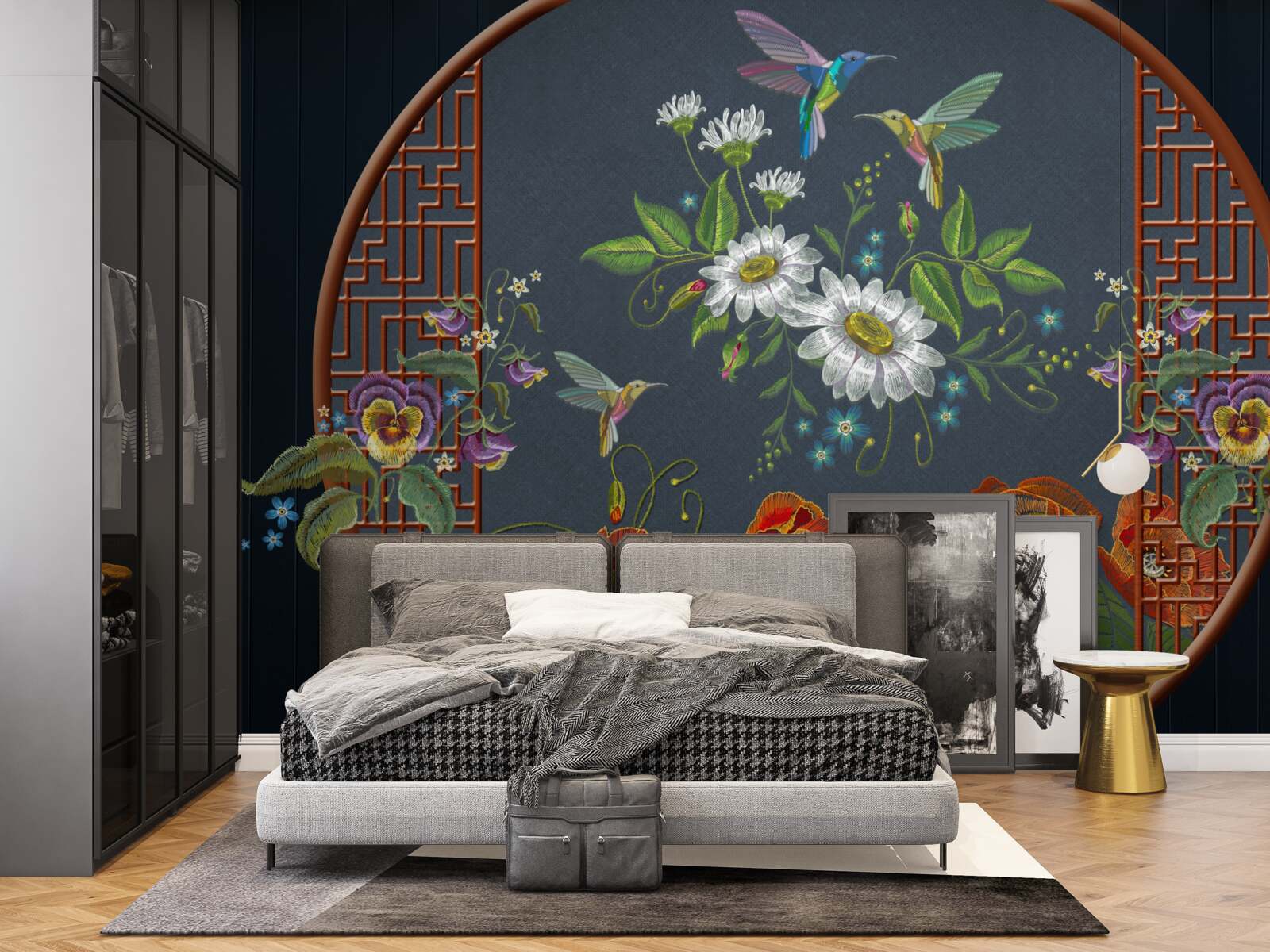 Fototapet panou cu flori și colibri