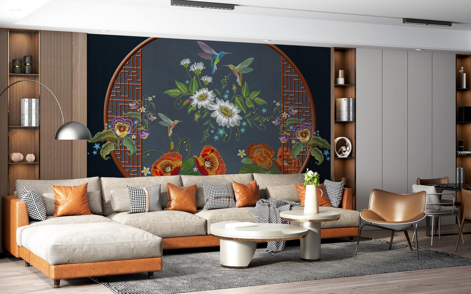 Fototapet panou cu flori și colibri