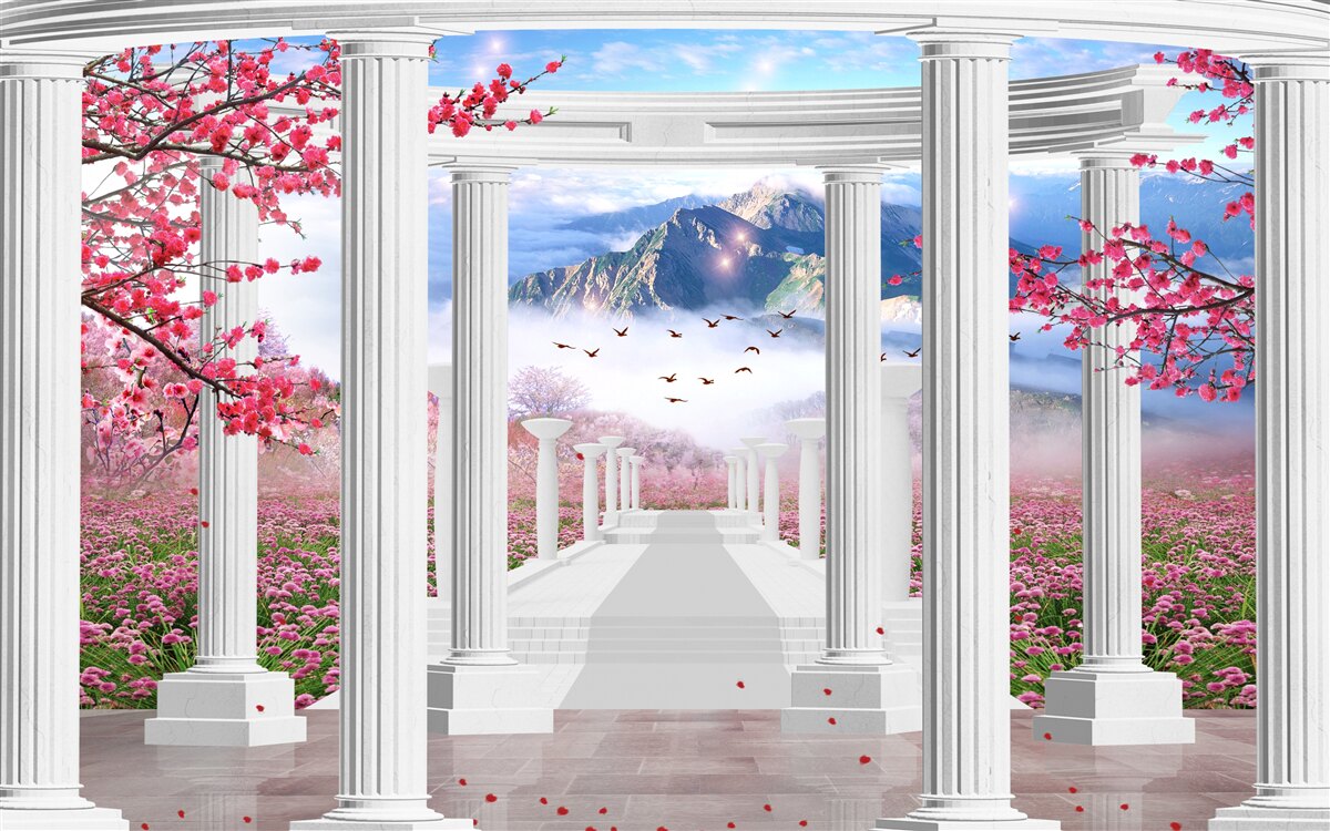 Fototapet foișor alb pe un fundal de apus de soare, decorat cu flori de cireș