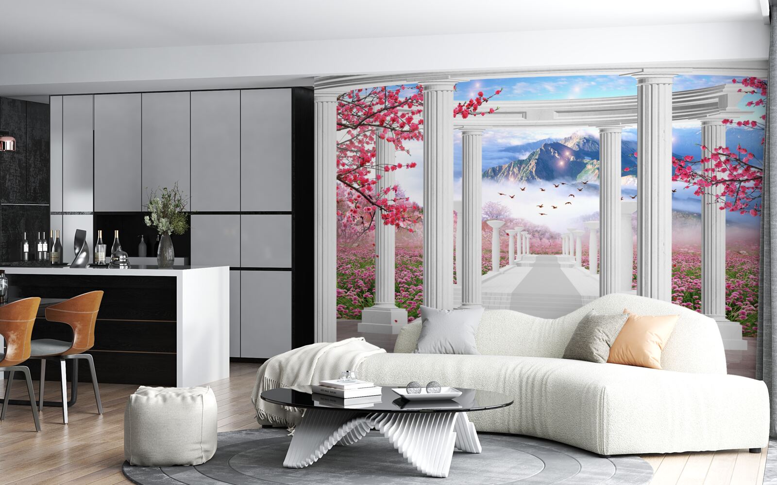 Fototapet foișor alb pe un fundal de apus de soare, decorat cu flori de cireș