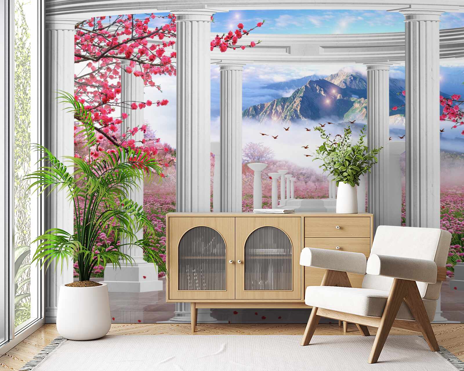 Fototapet foișor alb pe un fundal de apus de soare, decorat cu flori de cireș