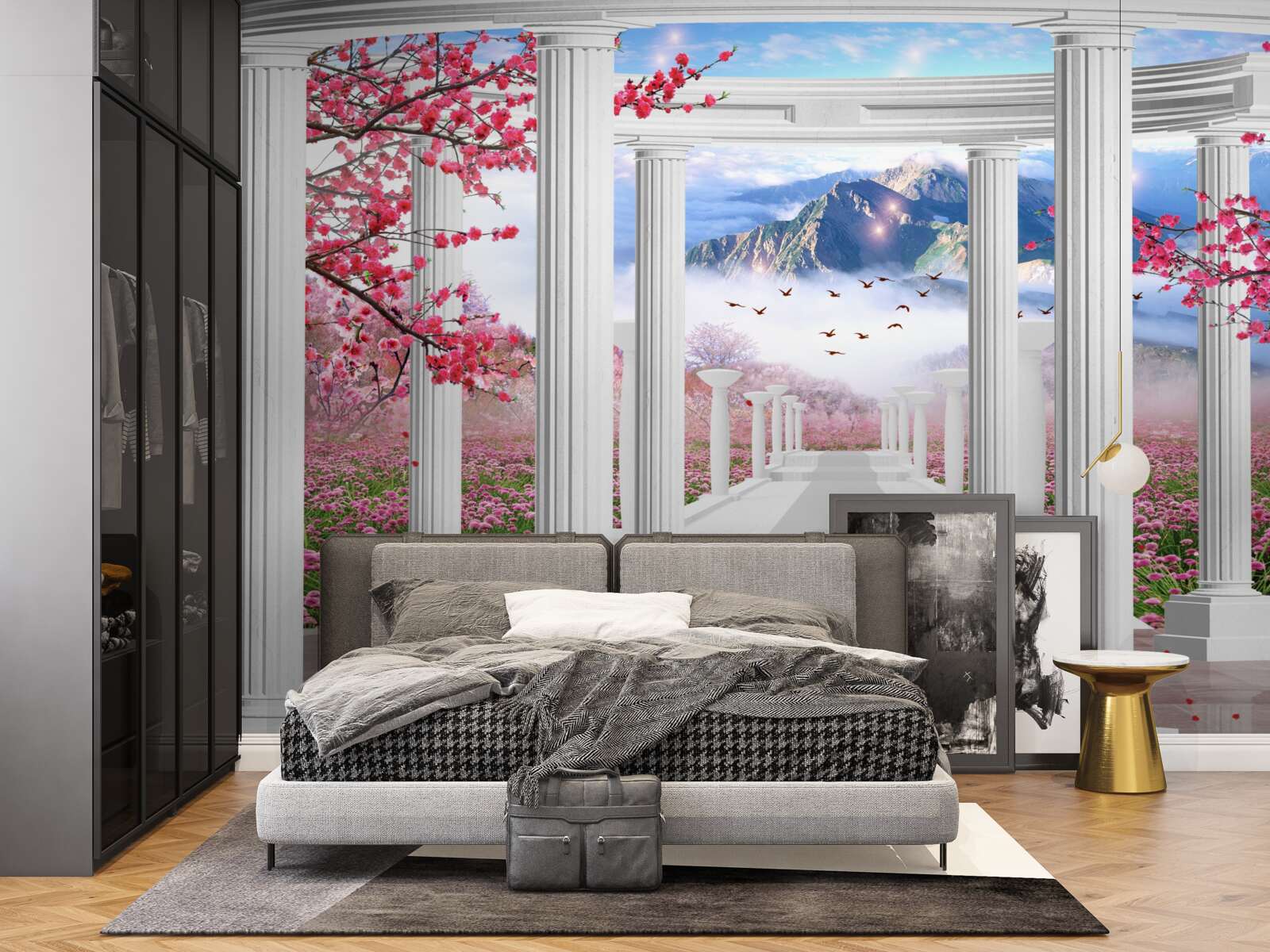 Fototapet foișor alb pe un fundal de apus de soare, decorat cu flori de cireș