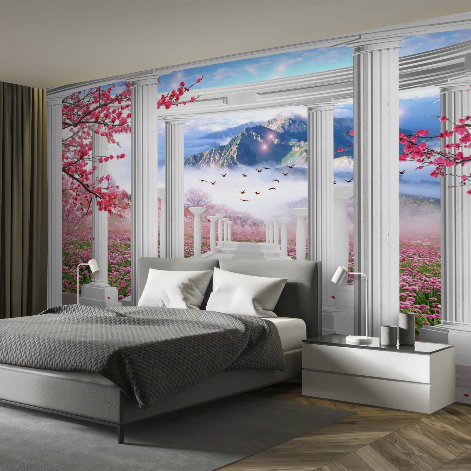 Fototapet foișor alb pe un fundal de apus de soare, decorat cu flori de cireș