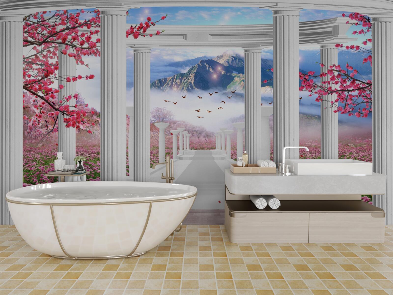 Fototapet foișor alb pe un fundal de apus de soare, decorat cu flori de cireș